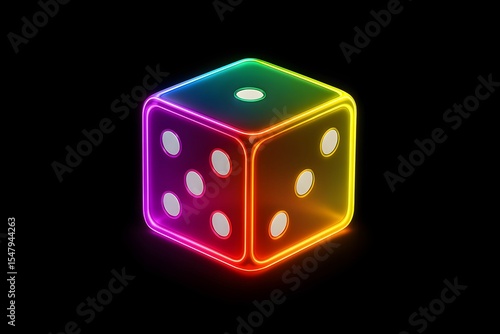 Colorful neon dice illuminated against a dark background creating a captivating visual effect