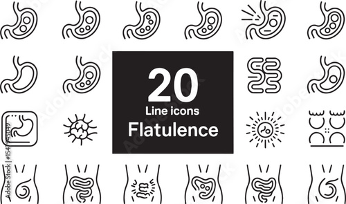 Collection of flatulence line icons showing stomach and intestine