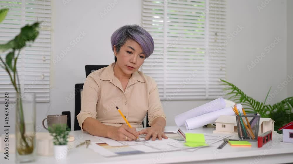 Confident Asian female architect sketches blueprint at bright modern desk in cozy home office setting with natural light Confident Asian female architect sketches blueprint at bright modern desk in cozy home office setting with natural light