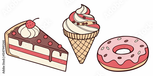 Delicious dessert assortment featuring cake ice cream and donut for sweet treat cravings and bakery delights