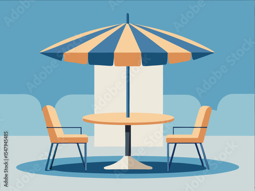 Outdoor patio scene with table chairs and striped umbrella in blue and orange.