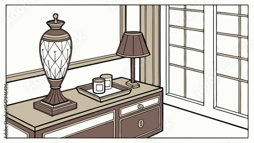 Interior Still Life: Lamp, Vase, Candles, and Window.