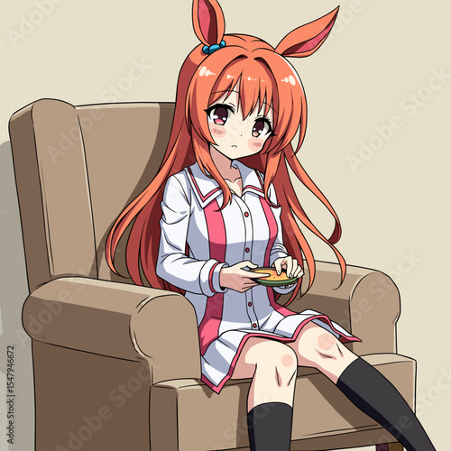 Girl with orange hair relaxing in armchair, vector illustration