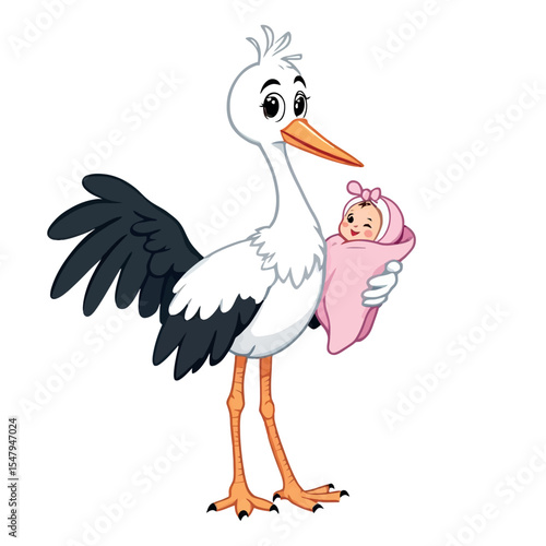 Vsai stork carrying newborn baby girl wrapped in pink blanket