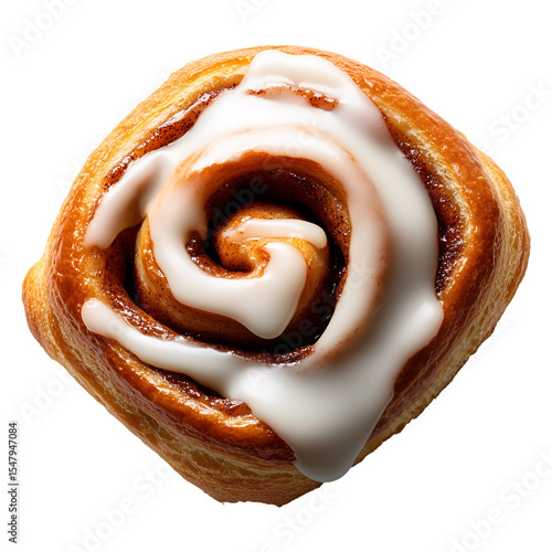 Top view of a single Cinnabon, with white icing slightly melted and covering the cinnamon roll isolated on a transparent background	