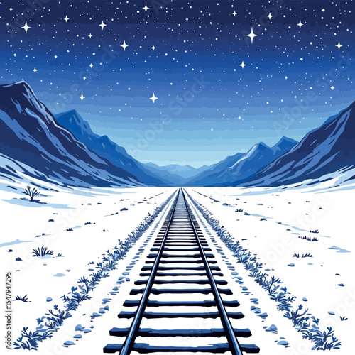 Vsai railroad tracks disappearing into snowy mountain valley at night