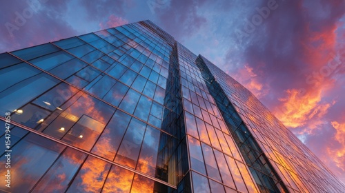 Fototapeta Naklejka Na Ścianę i Meble -  Architectural glass façade reflecting colorful sunset sky, dynamic perspective with clean modern lines
