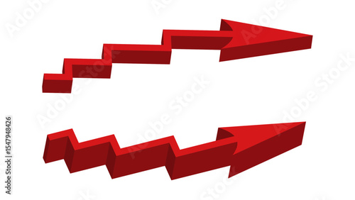 Set of red 3d large arrow sign isolated on white background. Inflation Bar graph. Rise price. Finance and Economy. Market. Global economic crisis concept. Recession. Infographics. Icon. Business chart