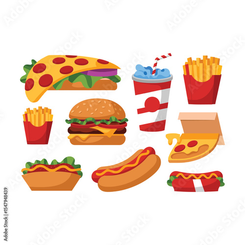 Deliciously illustrated fast food items including pizza burgers hot dogs french fries and soda