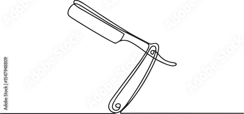 continuous single line drawing of a straight razor with curved handle and blade in elegant black line art on white background