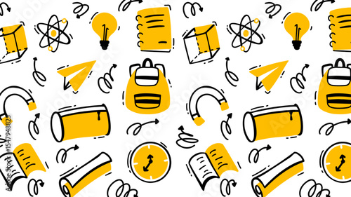 School element doodles on set background. Back to school hand drawn vector illustration.