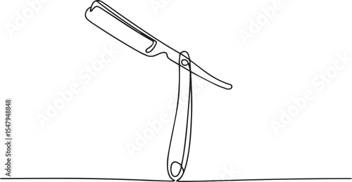 continuous single line drawing of a straight razor with curved handle and blade in elegant black line art on white background