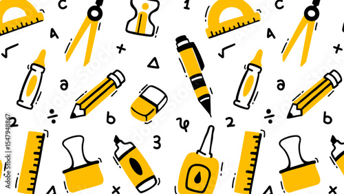 School element doodles on set background. Back to school hand drawn vector illustration.