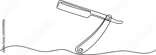 continuous single line drawing of a straight razor with curved handle and blade in elegant black line art on white background