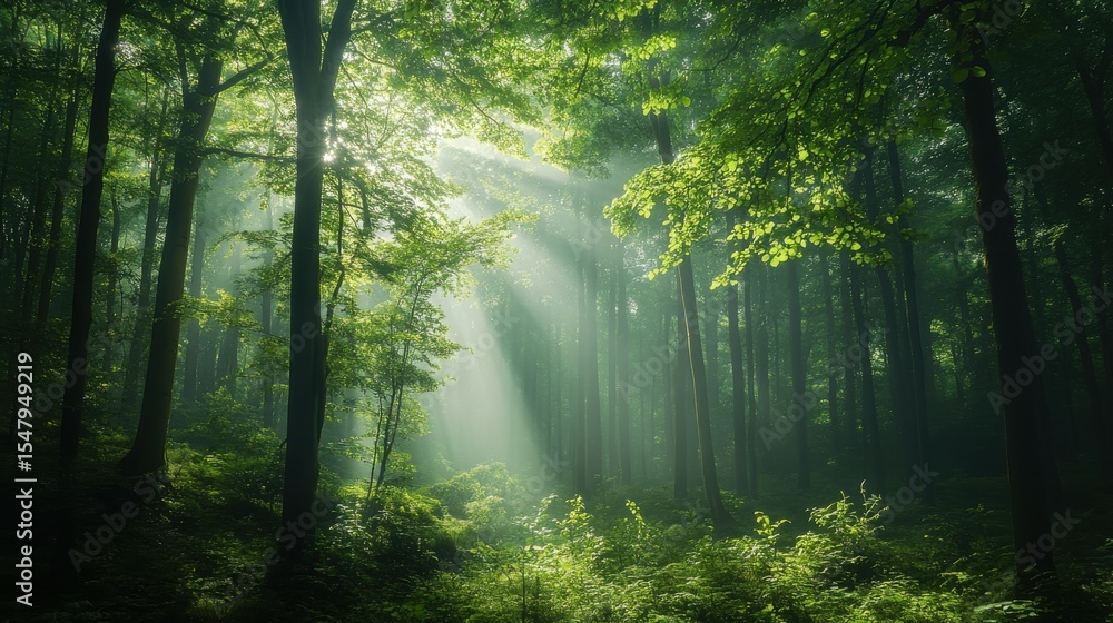 Obraz premium Sunlight Breaking Through Trees in Lush Green Forest Landscape