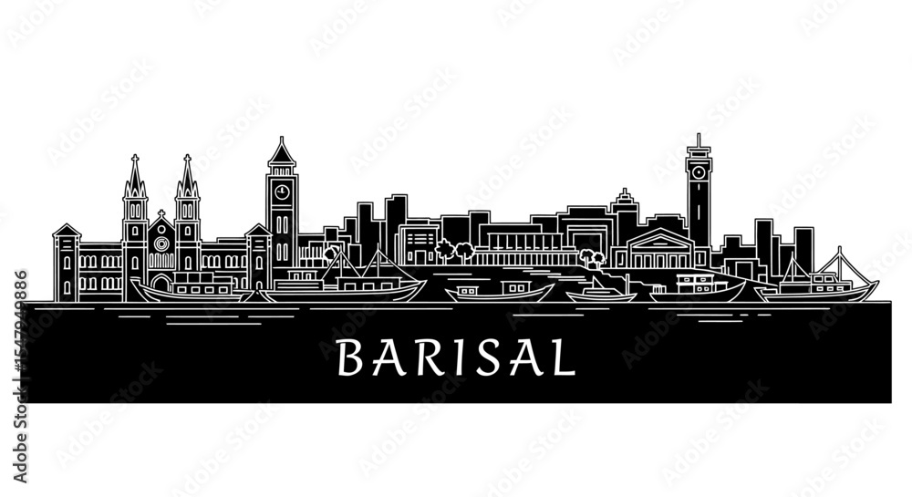Fototapeta premium Barisal, Bangladesh City Skyline Line Art Vector Illustration