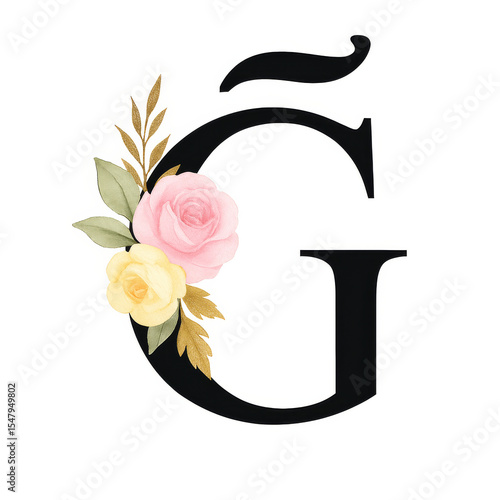 Floral Letter Ğ Monogram with Watercolor Roses and Botanical Elements