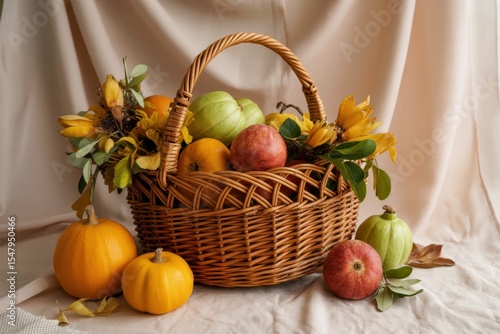 Rustic wicker basket filled with autumn fruits pumpkins and yellow flowers on beige fabric