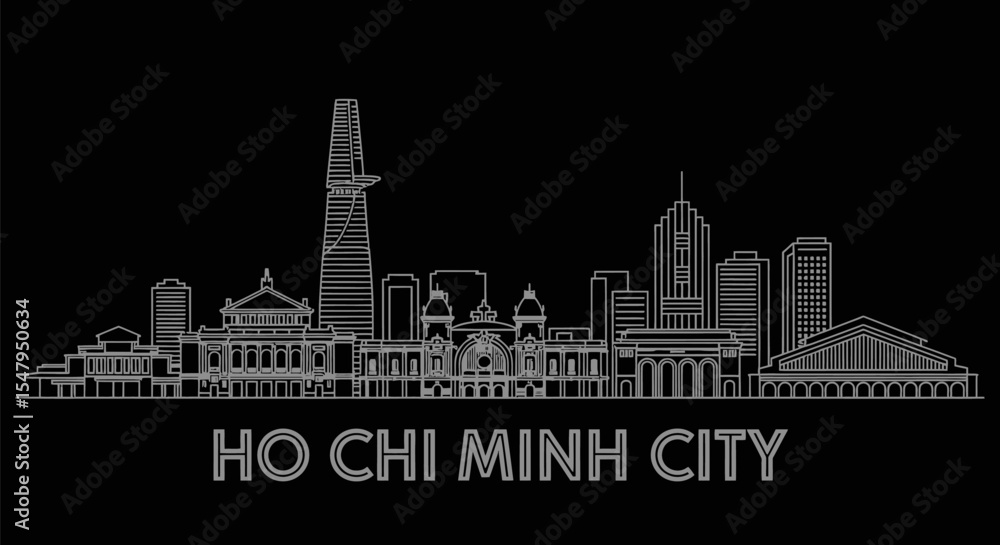 Fototapeta premium Ho Chi Minh City skyline outline with Vietnam, and black.