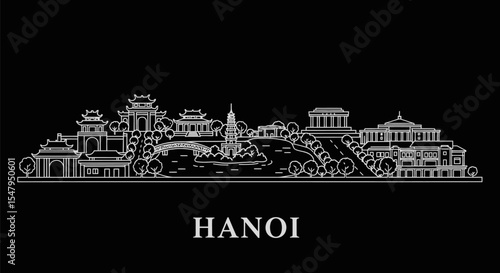 Hanoi Skyline Vector with Vietnam, Landmark, and Black.