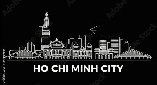 Ho Chi Minh City skyline with Vietnam, outline, and black.