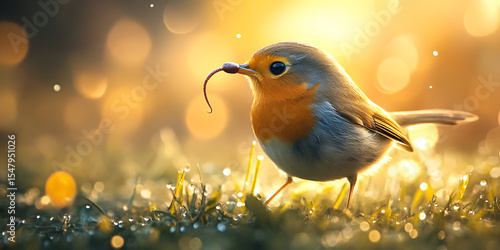 Close-up of robin bird picking worm in sunlit meadow, early morning or evening bird behavior
