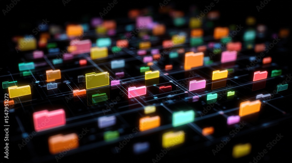 Obraz premium Abstract network grid with files and folders, futuristic software interface, digital document management system, store, search and organize documents, corporate business, paperless office 