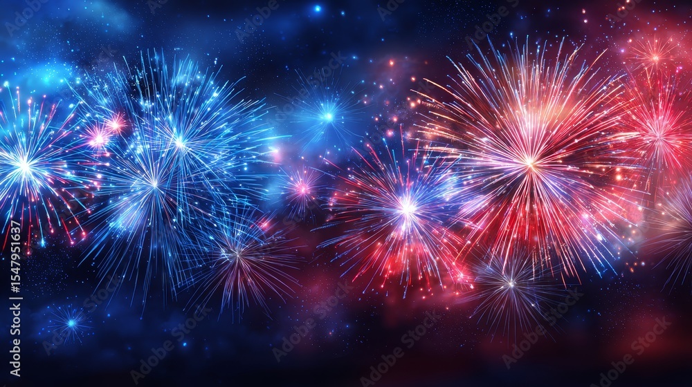 Fototapeta premium Blue, red and white fireworks bursting in dark night sky to celebrate USA Independence Day or New Year, symbolizing American patriotism, national pride and festive holiday celebration background
