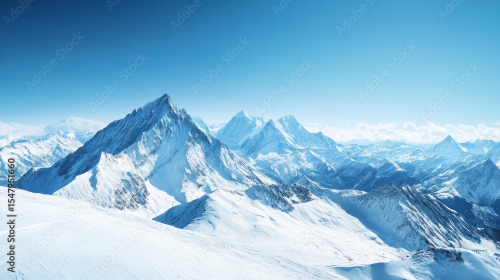Fototapeta premium Majestic Snowy Peaks Under Clear Blue Sky in Mountain Landscape
