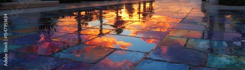 Colorful sunset reflections on a mosaic pavement.