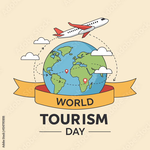 World Tourism Day celebration graphic with airplane and globe  