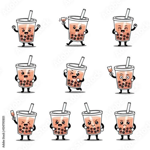 Boba tea characters with different emotions