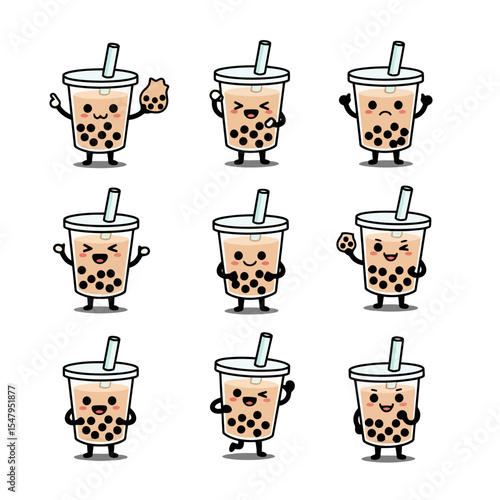 Bubble milk tea cartoon character expressions set