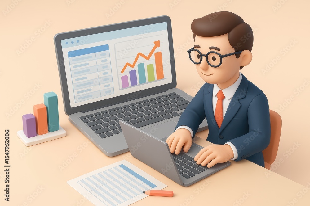 Businessman analyzing financial data on laptop at desk workspace Businessman analyzing financial data on laptop at desk workspace