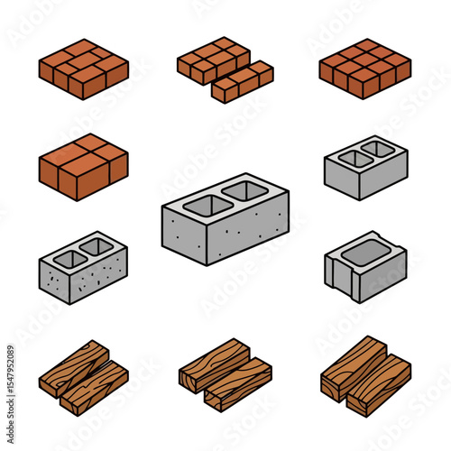 Building blocks construction materials assortment brick cinder wood