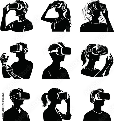 Person in virtual reality headset. VR headset goggles. Virtual reality art icon, symbols, logo, illustrations, signs, doodles for web, business, online. Vector illustration, technology and innovation