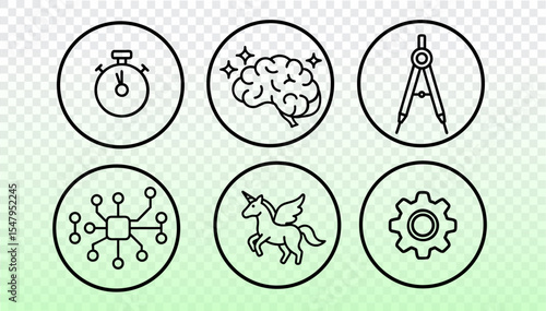 Line style vector illustrations include brain stopwatch unicorn gear. Concept innovation kids education logic fantasy memory games creativity. School background vector art