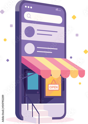 Mobile shop storefront online shopping open digital illustration e commerce technology create cheerful digital storefront with striped awning