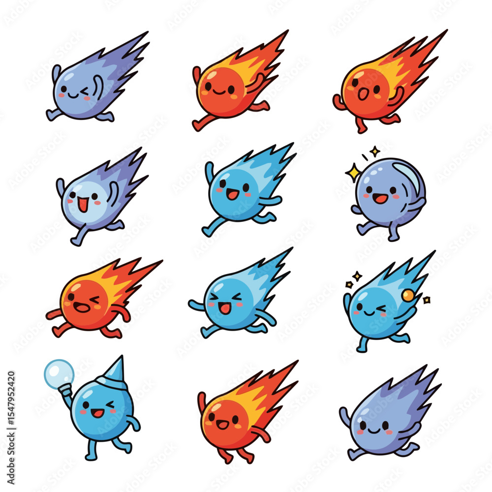 Fototapeta premium Cartoon comets meteor collection happy mascot running