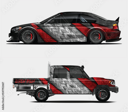 Custom Car and Truck Wrap Designs with Red and Black Graphics