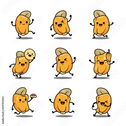 Cashew nut cartoon characters in action set