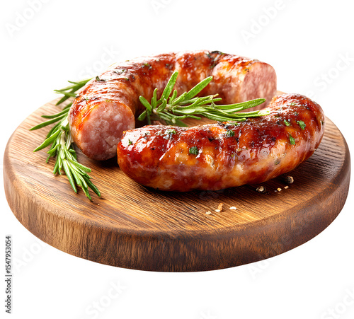 Grilled sausages and rosemary on a wooden cutting board, isolated background.
