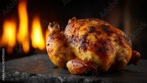 Wallpaper Mural Rotisserie Chicken Cooking Over Flames on Black Stone Surface with Sizzling Grilled Texture Torontodigital.ca
