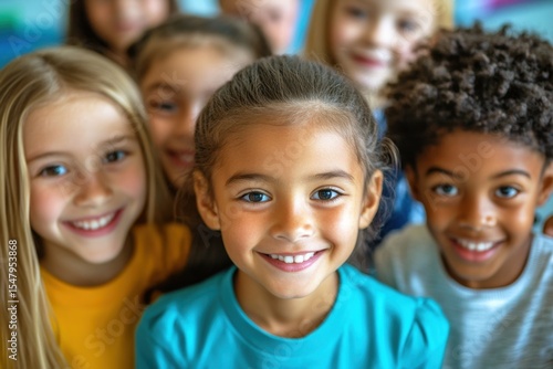 Diverse group of cheerful children smiling at the camera in a brightly colored classroom setting with friendly engagement and joyful expressions