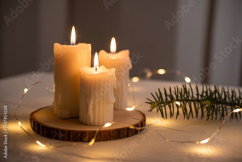 Three Burning Ivory Candles on Wooden Slice with Fairy Lights and Pine Sprig