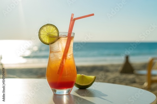 Tropical layered cocktail drink with lime garnish on beach table