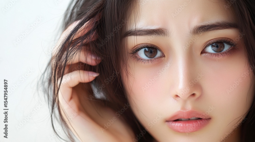 Obraz premium Hair Loss Awareness Month. Expressive young woman with thoughtful eyes and hand touching hair