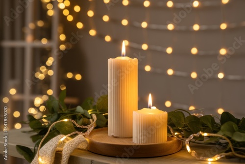 Two Cream Colored Candles Lit with Warm Fairy Lights and Greenery