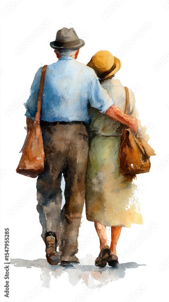 Obraz premium Elderly couple embracing in watercolor art depiction of love and companionship. Senior Citizens Day