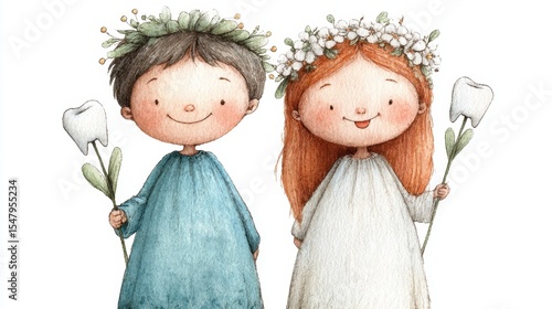 Whimsical tooth fairy children with floral crowns holding teeth on stems for playful storybook design. National Tooth Fairy Day